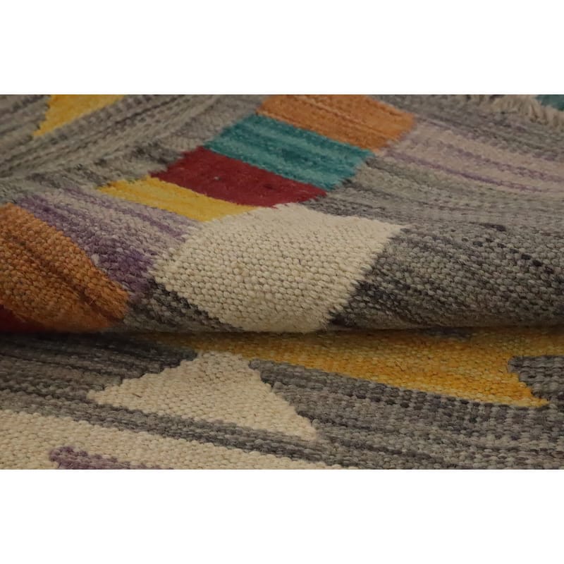 Hand Woven Oriental 100% Wool Carpet Southwestern Tribal Greys & Charcoal Kilim Runner Rug - 9' 8'' X 2' 8''