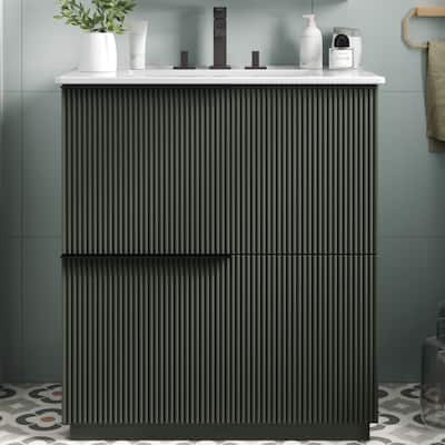 30" Bathroom Vanity Featuring A Ceramic Sink, Full-Extension Drawers, Soft-Close Undermount Slides, And Fluted Detailing