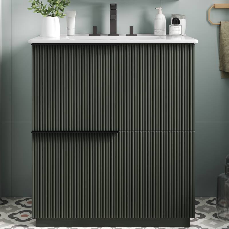 30" Bathroom Vanity with Ceramic Sink and Full-Extension Drawers, Soft Close Undermount Drawer Slides, Fluted Design, Natural