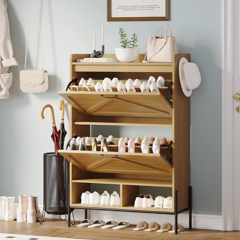 Shoe Cabinet with 2 Flip-Up Drawers, Hidden Shoe Storage Cabinet with Open Storage for Entryway, Hallway, Bedroom