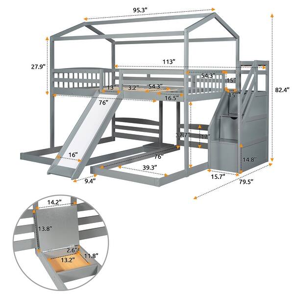 dimension image slide 1 of 3, Solid Pine Wood and MDF Full over Twin & Twin Bunk Bed,Built-in Drawer and Shelf,with Slide and Storage Staircase