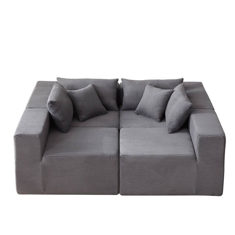 Corduroy Convertible Sectional Cloud Sofa, Foam-Filled Compressed Boneless Sofa, Modular L Shaped Floor 4 Seat Sofa