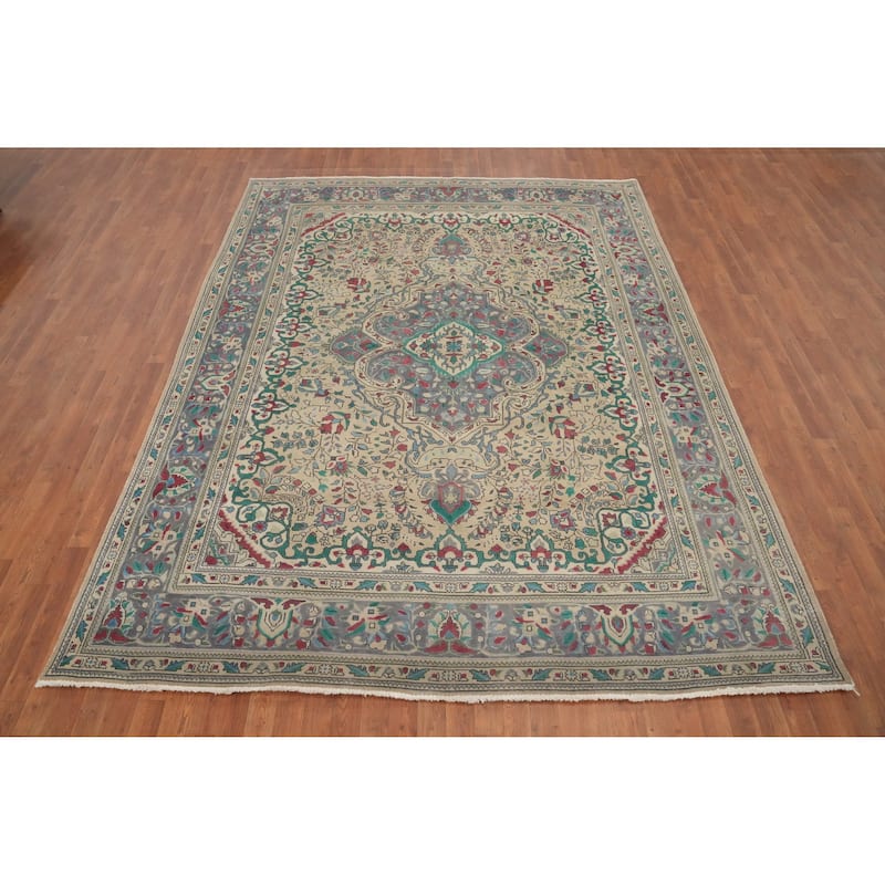 Hand Knotted Oriental 100% Wool Carpet Traditional Floral Beige & Ivories Tabriz Area Rug - 10' 9'' X 8' 0''
