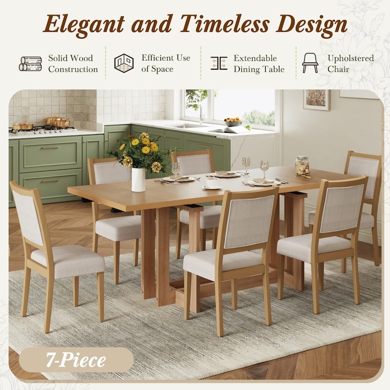 7-Piece Set, 58-82" Extendable Dining Table with 6 Upholstered Dining Chairs