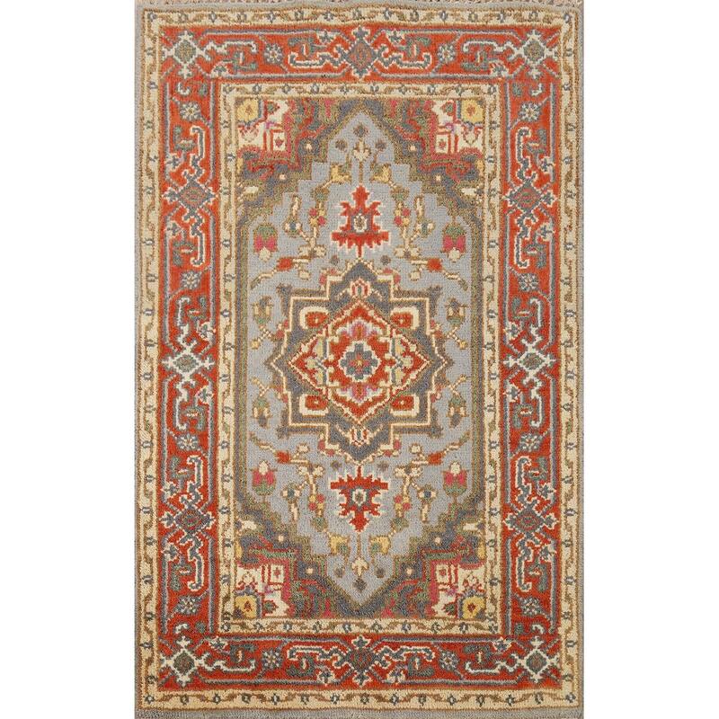 Hand Knotted Oriental 100% Wool Carpet Traditional Medallion Greys & Charcoal Heriz (serapi) Area Rug - 4' 11'' X 3' 0''