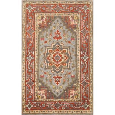 Hand Knotted Oriental 100% Wool Carpet Traditional Medallion Greys & Charcoal Heriz (serapi) Area Rug - 4' 11'' X 3' 0''