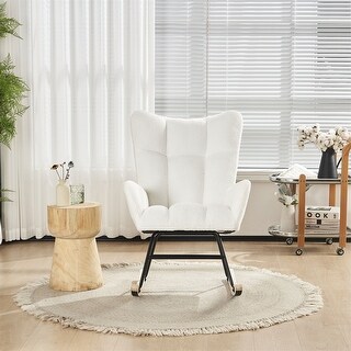 Solid Wood Legs Rocking Chair Nursery with Teddy Fabric Upholstered ...