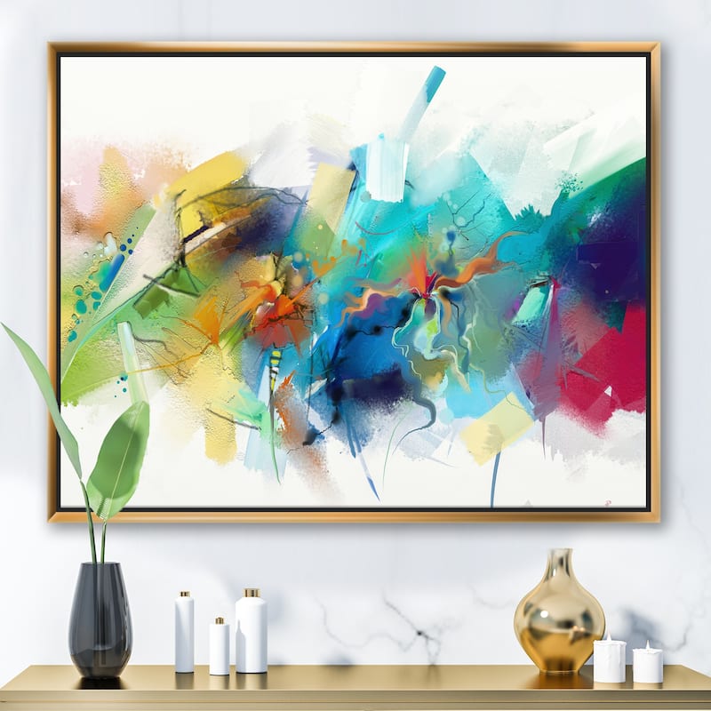 Designart "Turquoise Story With Touches Of Yellow And Red" Modern Framed Canvas Wall Art Print - 44 in. wide x 34 in. high - Gold