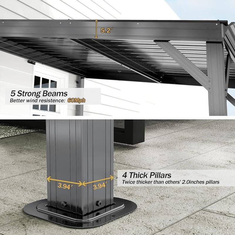 8x8 Wall Mounted Hardtop Gazebo with Sloped Steel Roof and Hidden Drainage