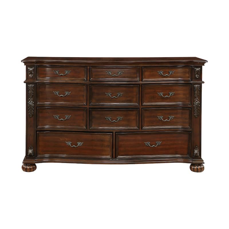 Nami 66 Inch Dresser, 11 Dovetail Drawers, Metal Handles, Cherry Brown Wood