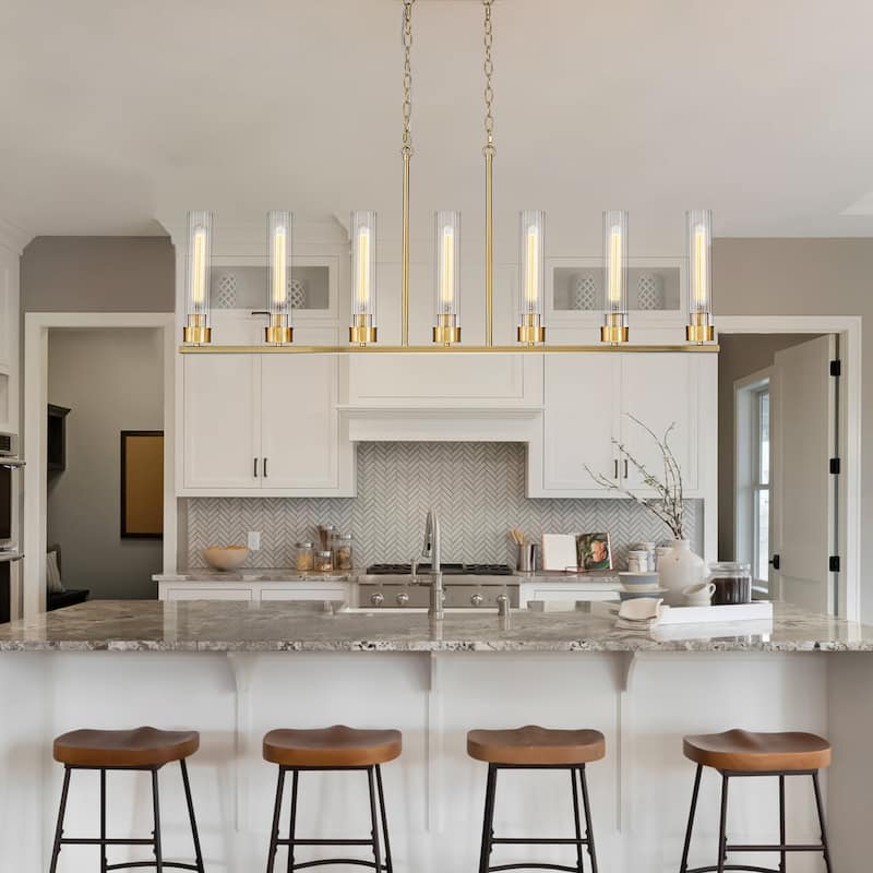 Modern 7-Light Linear Pendant Light with Clear Ribbed Glass