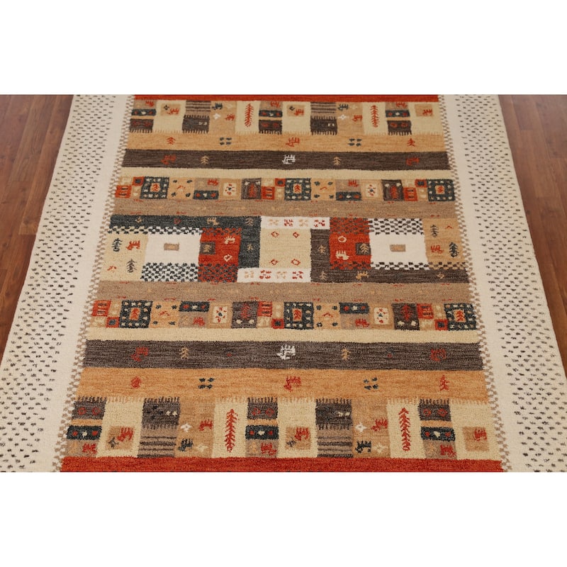 Geometric Gabbeh Indian Area Rug Brown Hand-Tufted Wool Carpet - 5'3" x 7'7"