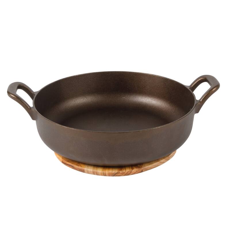 Bloomhouse Natural Bronze Finish Pre-seasoned Cast Iron Grill, Everyday Pan, Skillet & Olive Wood Trivet - 15.5" x 13"