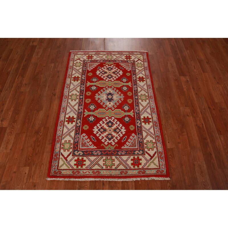 Red Kazak Foyer Rug Red Handmade Traditional Wool Carpet - 2'8"x 4'0"