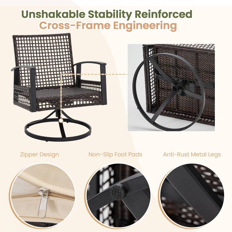 Outdoor Swivel Rocker Patio Chairs Set of 2 with Coffee Table &Cushions, Rattan Bistro Set for Porch, Backyard, Balcony