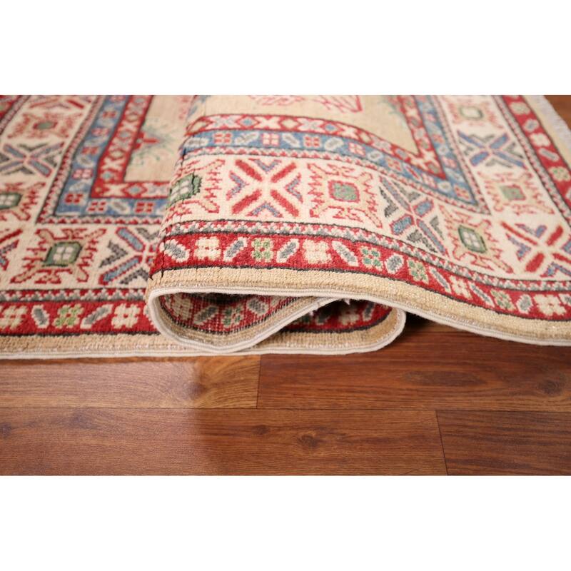 Oriental Kazak Foyer Rug Hand-Knotted Traditional Beige Wool Carpet - 3'4" x 4'7"