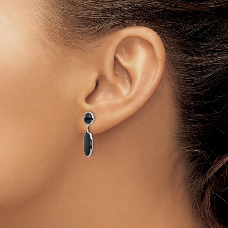 Curata 14k White Gold Polished Simulated Onyx Oval Dangle Post Earrings 25x6mm