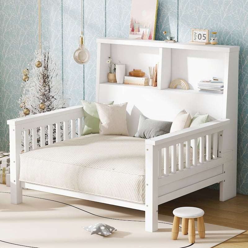 Twin Size Platform Bed with Storage Headboard, Pull-Out Design, High-Quality Safety Rails, White