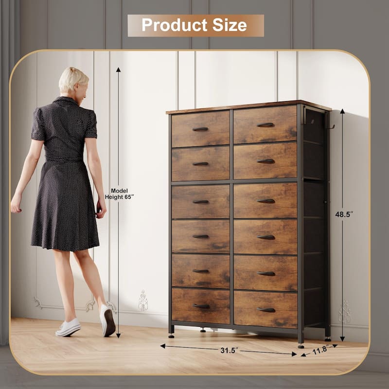 12 Drawer Dresser Tall Fabric Chests of Drawers Closet for Bedroom