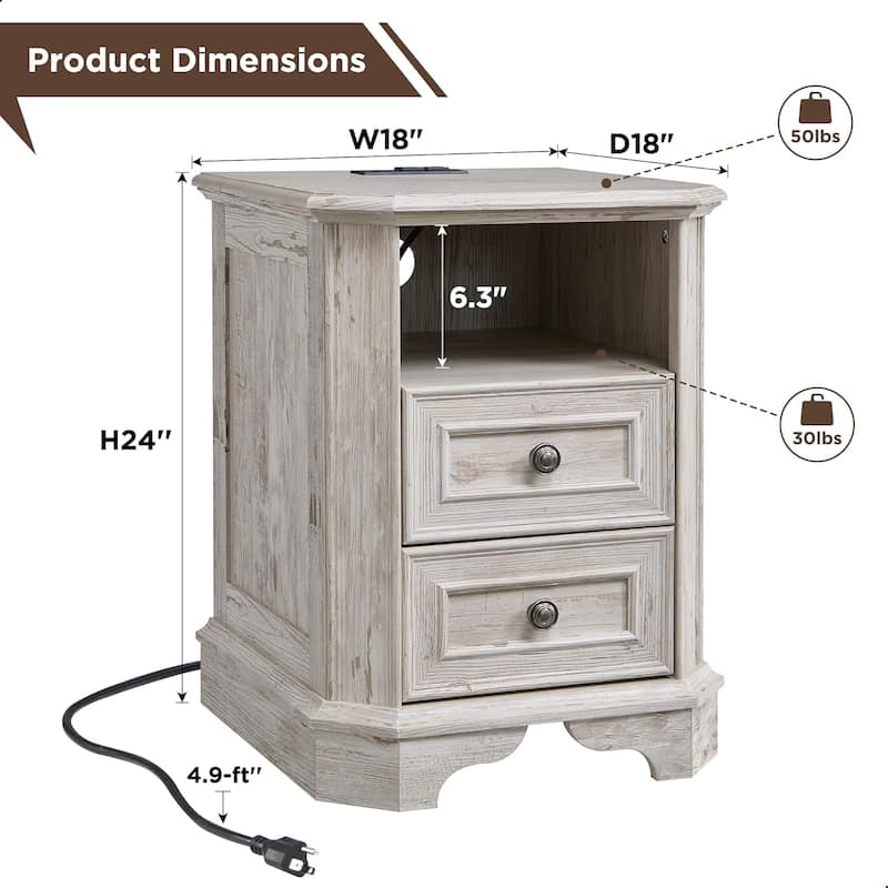 18" Farmhouse Nightstand with Charging Station, End Table,Side Table
