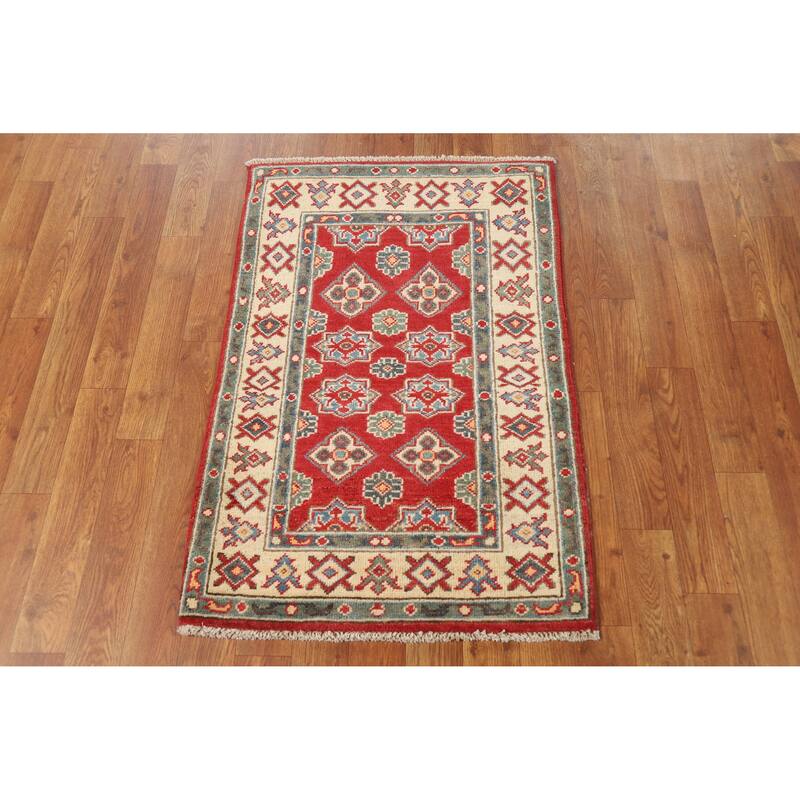 Hand Knotted Oriental 100% Wool Carpet Traditional Geometric Red Kazak Area Rug - 3' 0'' X 2' 0''
