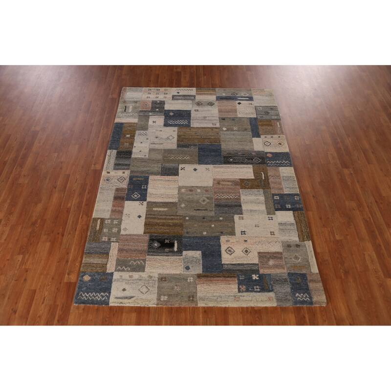 Tribal Beige Geometric Gabbeh Indian Area Rug Hand-Tufted Wool Carpet - 5'3" x 7'7"