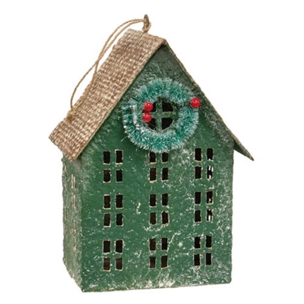 Distressed Green Metal Winter Birdhouse w/Wreath