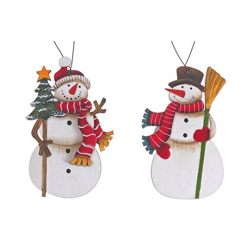 Wooden Snowman Holding Broom/Tree Ornament (Asstd) - Set of 12
