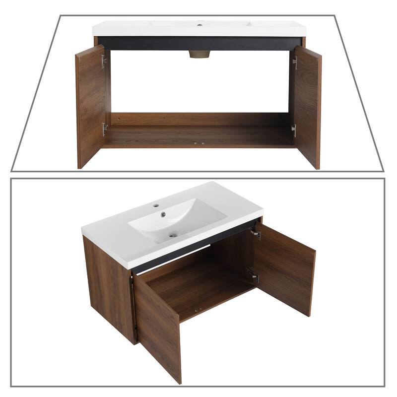 Classic Farmhouse Style Wall-Mounted Wooden Bathroom Vanity with Resin Countertop Sink