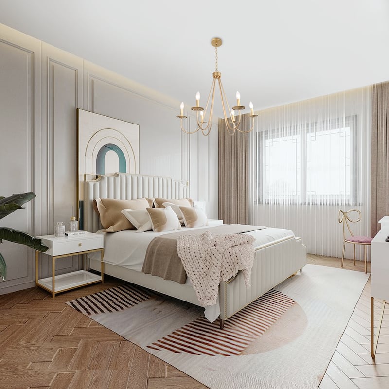 Rella Modern Farmhouse Chandelier 6-light Classic Candle Metal Dining Room Pendant - Light Gold - D28" x H24"