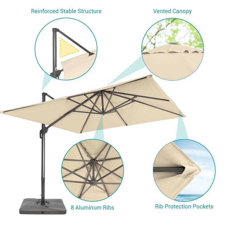 BONOSUKI 10x10FT Cantilever Patio Umbrella Infinite Angle Adjustment w/Base