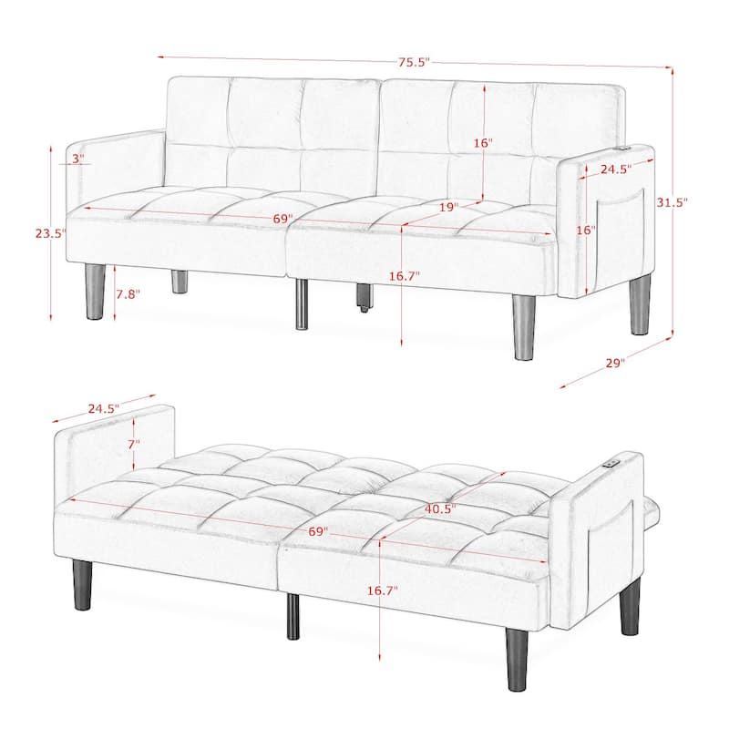 Roomfitters Velvet Futon Couch Convertible Folding Sofa Bed Tufted Couch for Apartment