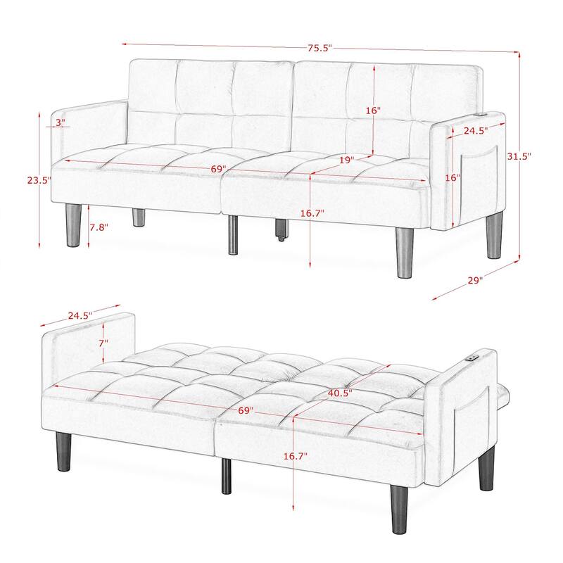 Velvet Futon Couch Sofa Lounge Sofa with Adjustable Backrest, Convertible Folding Sofa Bed Sleeper Sofa