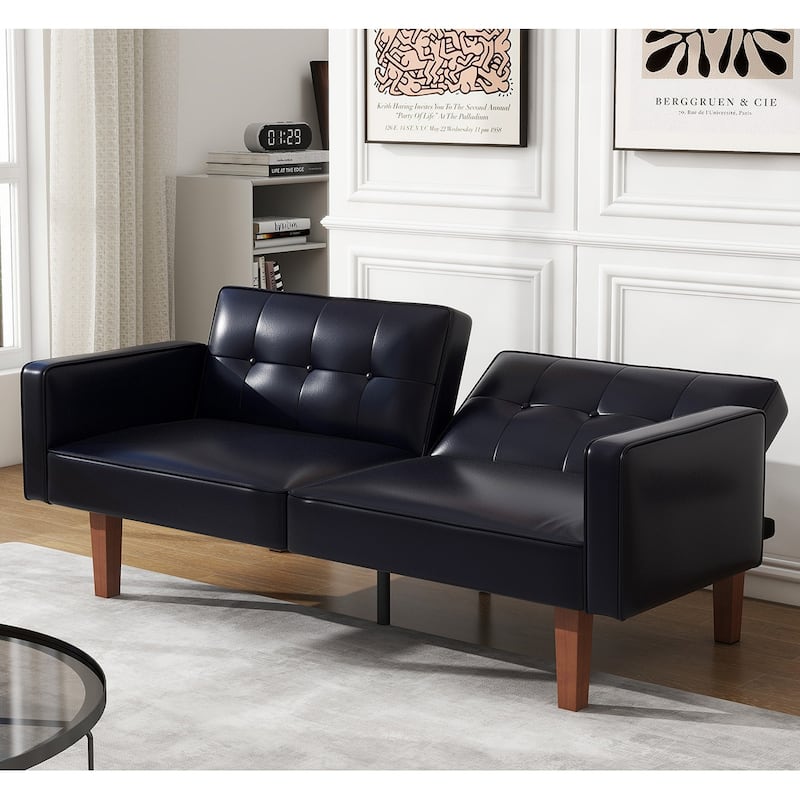 Futon Sofa Bed, Faux Leather Memory Foam Couch,Modern Convertible Love seat for Compact Living Room - PU Black1