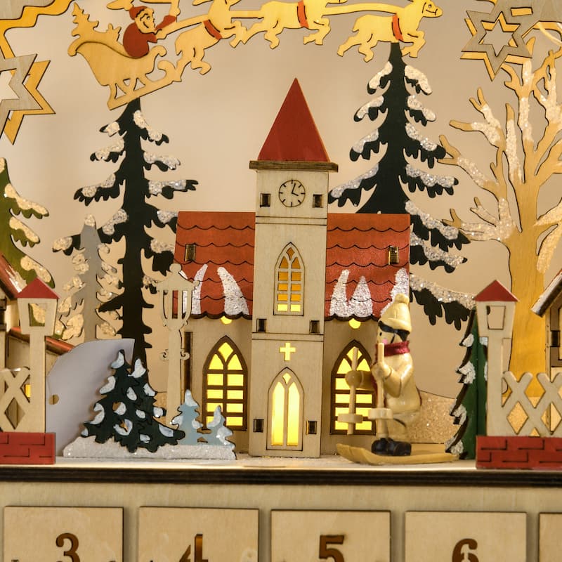 HOMCOM Wooden Christmas Advent Calendar, Light Up Table Holiday Decoration with 24 Countdown Drawers Natural