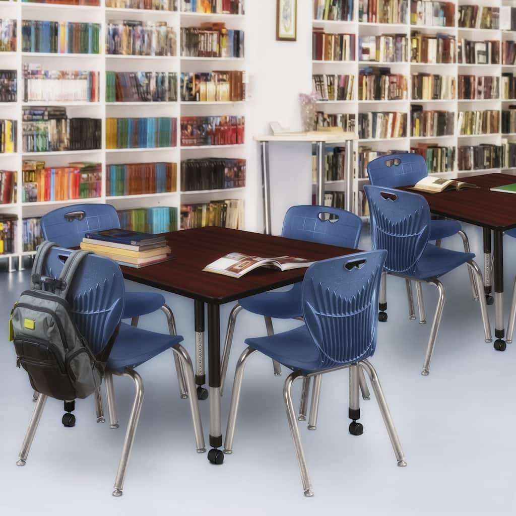 48 in. Square Height Adjustable Moblie Classroom Table - Mahogany & 4 18-in Stack Chairs- Navy Blue