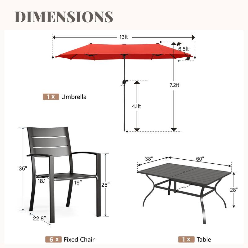 MAISON ARTS 8-Piece Outdoor Dining Set with 13ft Umbrella, Metal Rectangle Table & 6 Stackable Chairs