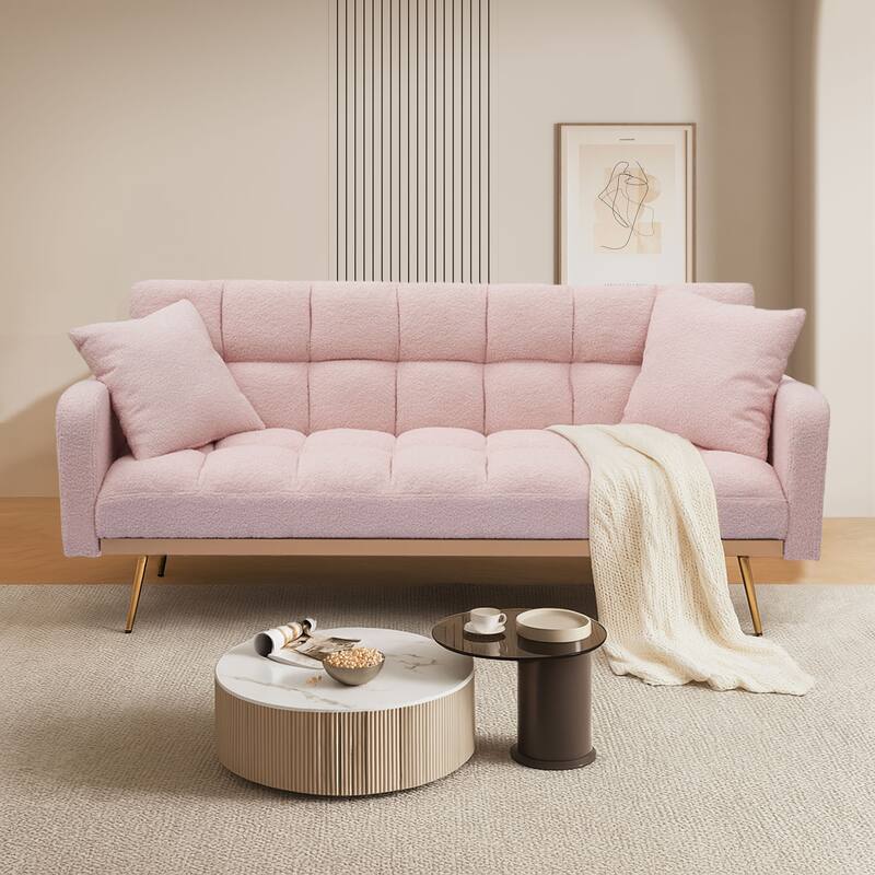 Classic Teddy Fabric Upholstered Convertible Futo Sofa Bed with 2 Throw Pillows - Pink