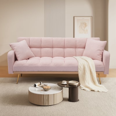 Classic Teddy Fabric Upholstered Convertible Futo Sofa Bed with 2 Throw Pillows