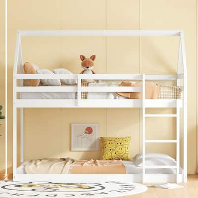 Twin Over Twin Floor Bunk Bed with Shaped Design Ladder & Guardrails (200lb Capacity)