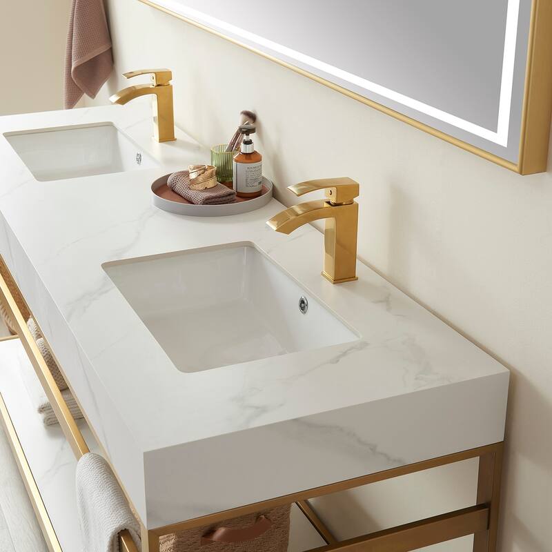 Funes 72" Double Vanity, Metal Support with Stone Top and Mirror - 72''x22''