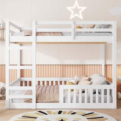 Full over Full Modern Wood Bunk Bed with Ladder and Guardrails for Living Room