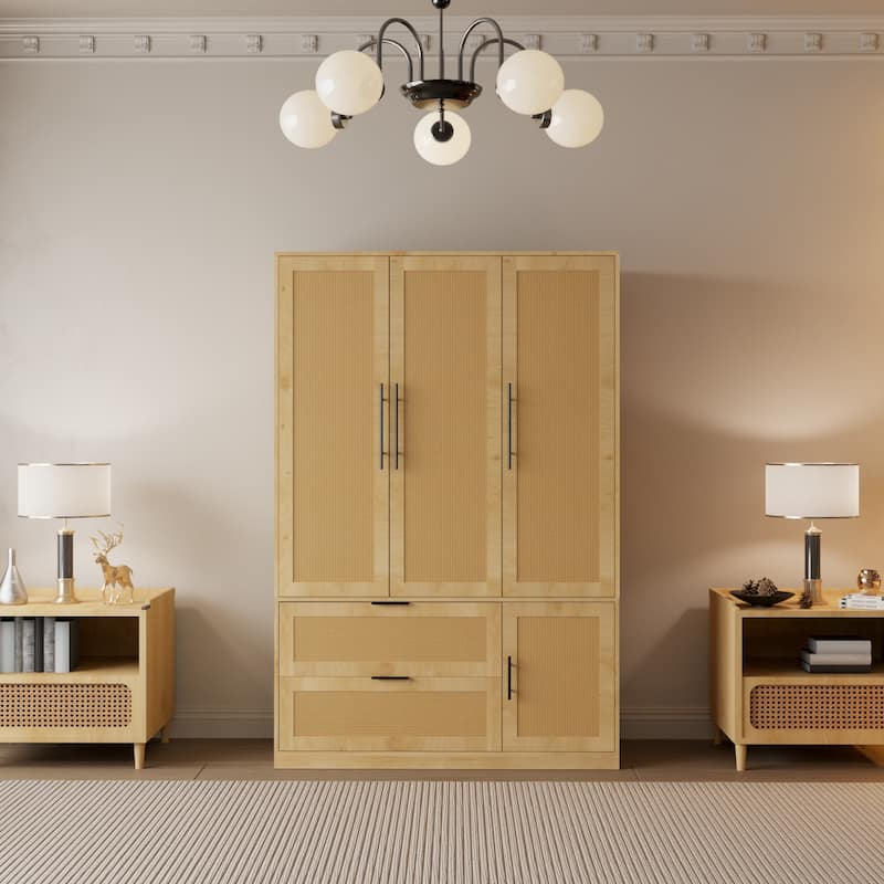 47"W Family 4-Door Wardrobe Armoires Closet 2 Drawer Storage Rattan Style - N/A