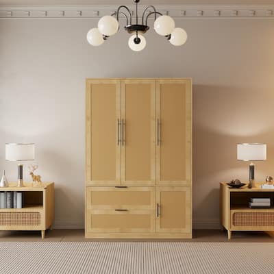 47"W Family 4-Door Wardrobe Armoires Closet 2 Drawer Storage Rattan Style - N/A