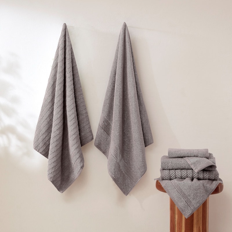Modern Threads 6-Piece Zero Twist Jacquard Towel Set Otis - 100% Cotton, Bath, Hand & Washcloths - Textured Chevron Design