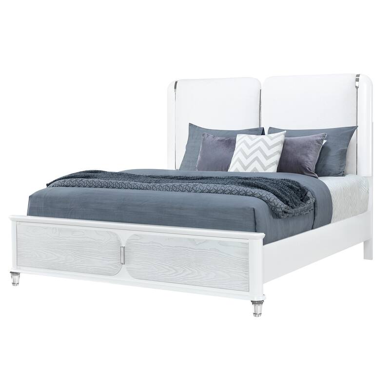 HomeRoots Gray and White Wood And Upholstery Lighted Queen Bed Frame