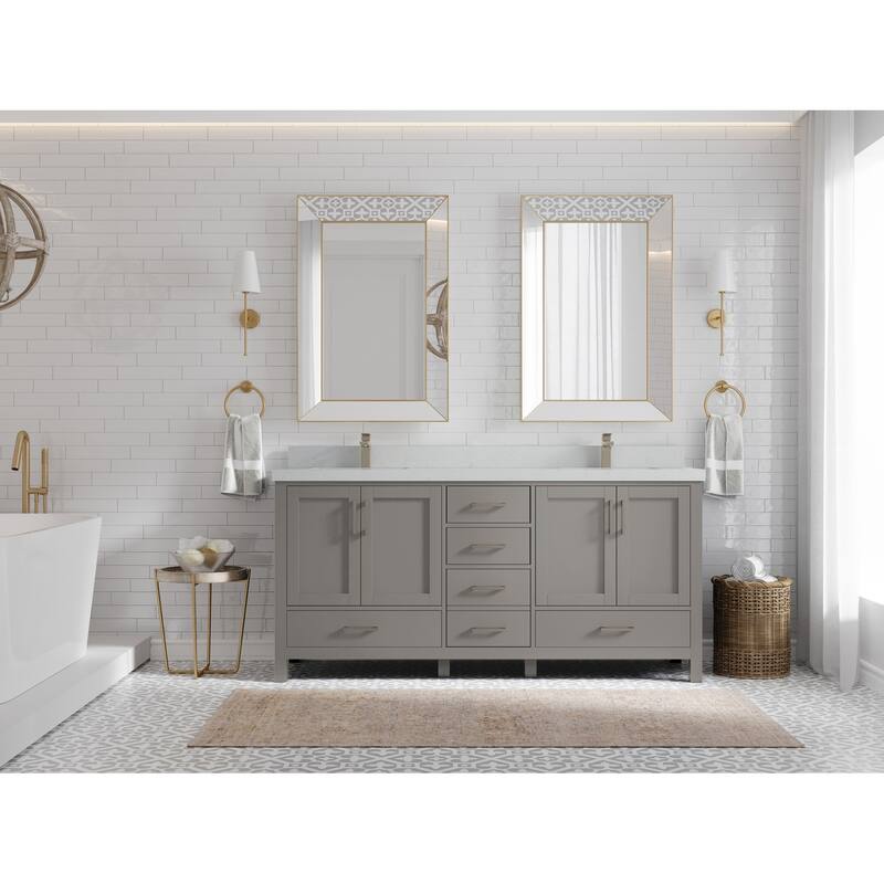Willow Collection 72 in. W x 22 in. D Malibu Double Sink Bathroom Vanity with Countertop - 2" Carrara Quartz - Elephant Skin Gray