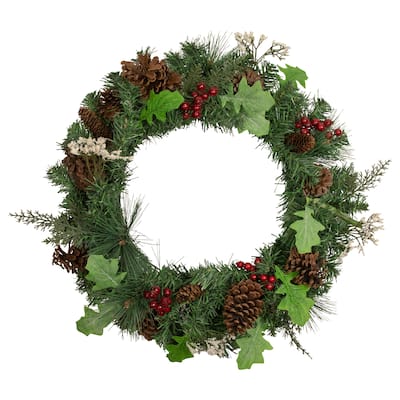 Decorated Natural Pine and Berry Artificial Christmas Wreath 24-Inch Unlit - 24"