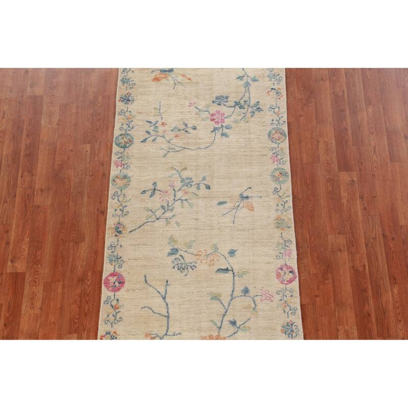 Vegetable Dye Animals Art Deco Runner Rug Hand-Knotted Wool Carpet - 2'9" x 10'3"