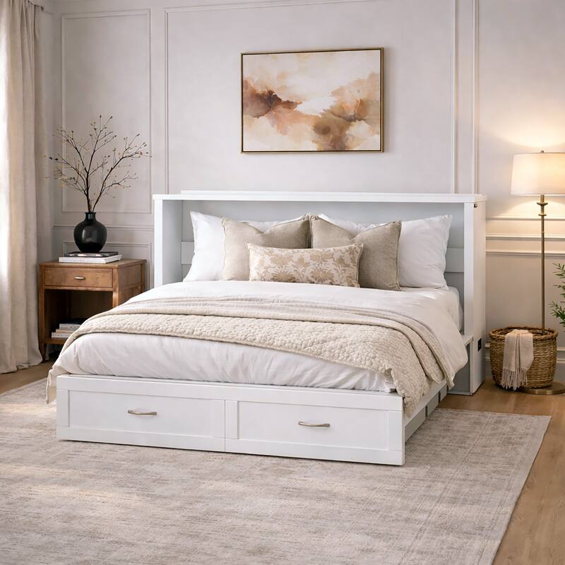 Hamilton Queen Murphy Bed Chest with 6" Mattress, Storage Drawer & Built-In Charger in White